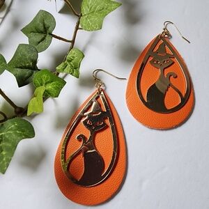 Gold Witch Cat Silhouette on Orange Teardrop Earrings